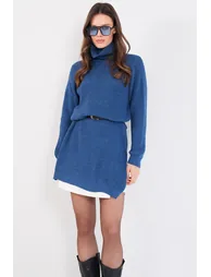 Women's Indigo Turtleneck Thessaloniki Knitted Side Y Slit Knitwear Long Sweater - 4