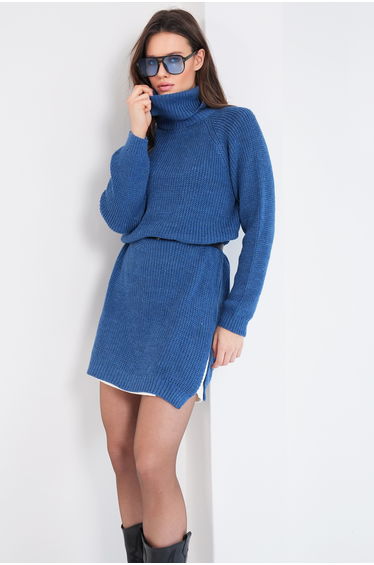 Women's Indigo Turtleneck Thessaloniki Knitted Side Y Slit Knitwear Long Sweater
