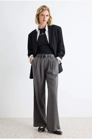 Anthracite Wide Leg Pleated Fabric Trousers with Elastic Waist at the Back