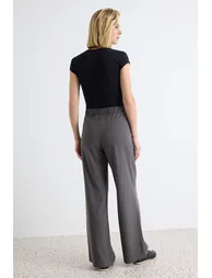Anthracite Wide Leg Pleated Fabric Trousers with Elastic Waist at the Back - 3