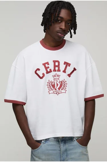 Oversized Boxy Certi Embroidered Ringer Waffle T-Shirt - white