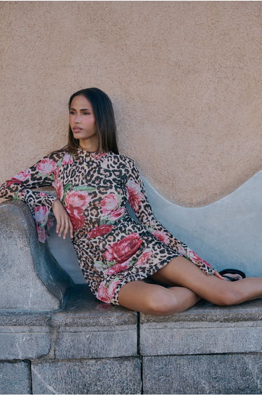 Mixed Animal Print Flared Sleeve Mini Dress - stone