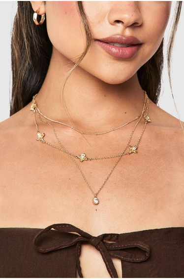 Flower Detail Layered Necklace - gold
