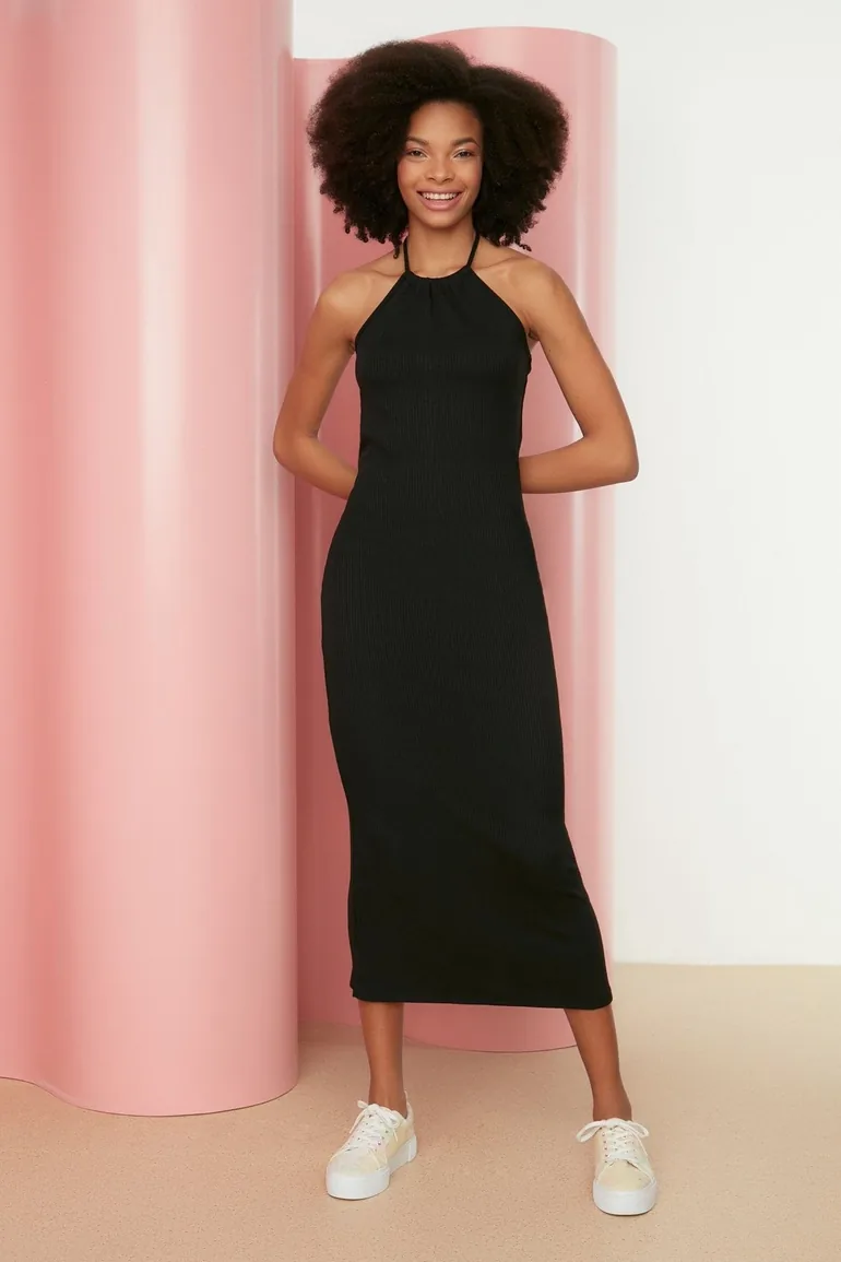 Shop Black Halter Neck Bodycon Midaxi Slip Dress Online in Oman