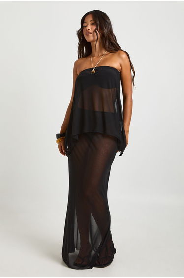 Mesh Bandeau Top & Maxi Beach Skirt Co-ord - black