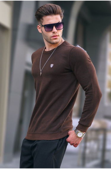 Dark Brown Crew Neck Regular Fit Basic Sweatshirt