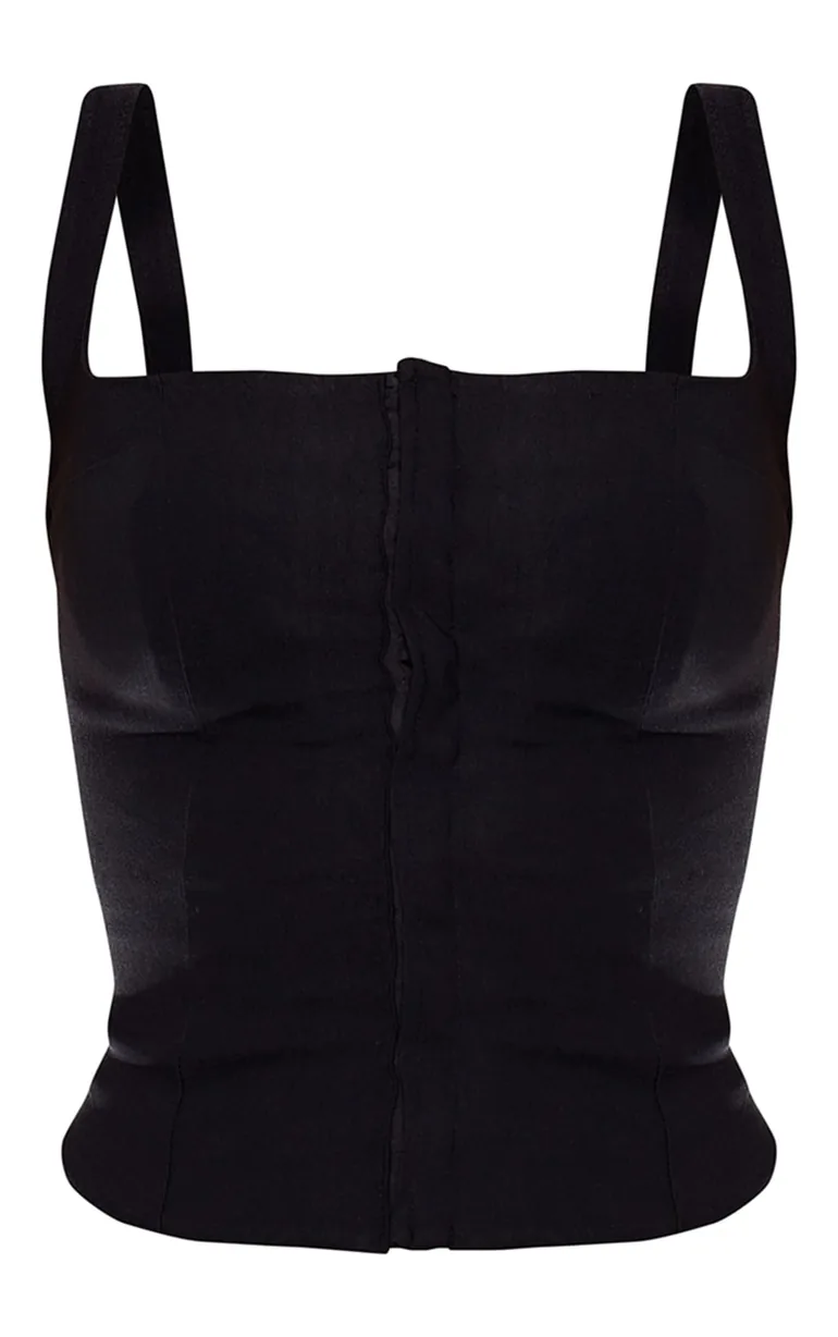 Dark Black Woven Square Neck Hook And Eye Long Top - 4