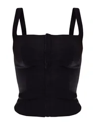 Dark Black Woven Square Neck Hook And Eye Long Top - 4