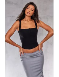Dark Black Woven Square Neck Hook And Eye Long Top - 3