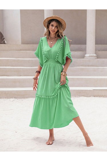 Women Green Tassel Detail Flutter Sleeve Midi Dress