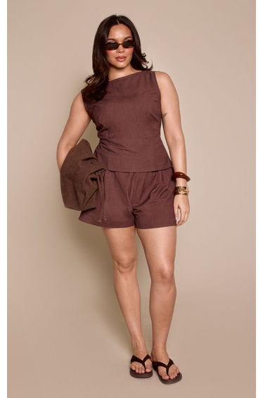 Plus Chocolate Textured Woven Boat Neck Cap Sleeve Top