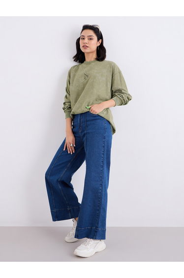 Olive Green Slogan Print Longline Sweatshirt