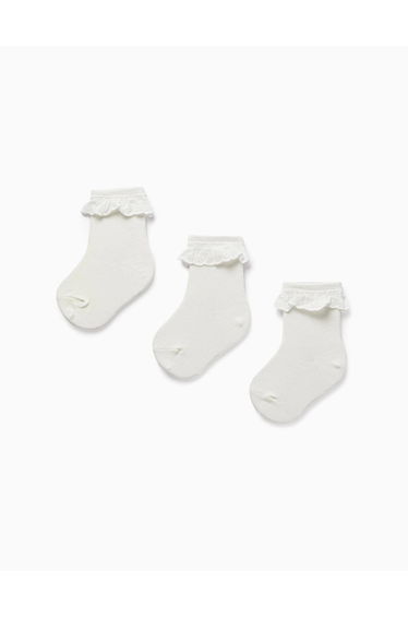 Pack of 3 Pairs of Socks with Broderie Anglaise for Baby Girls, White