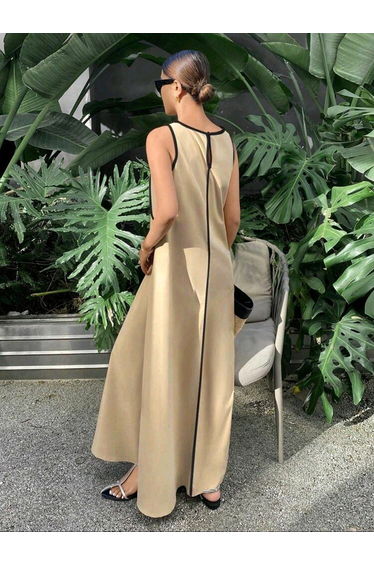 A-Line Loose Contrast Color Line Round-Neck Maxi Dresses product thumbnail 3