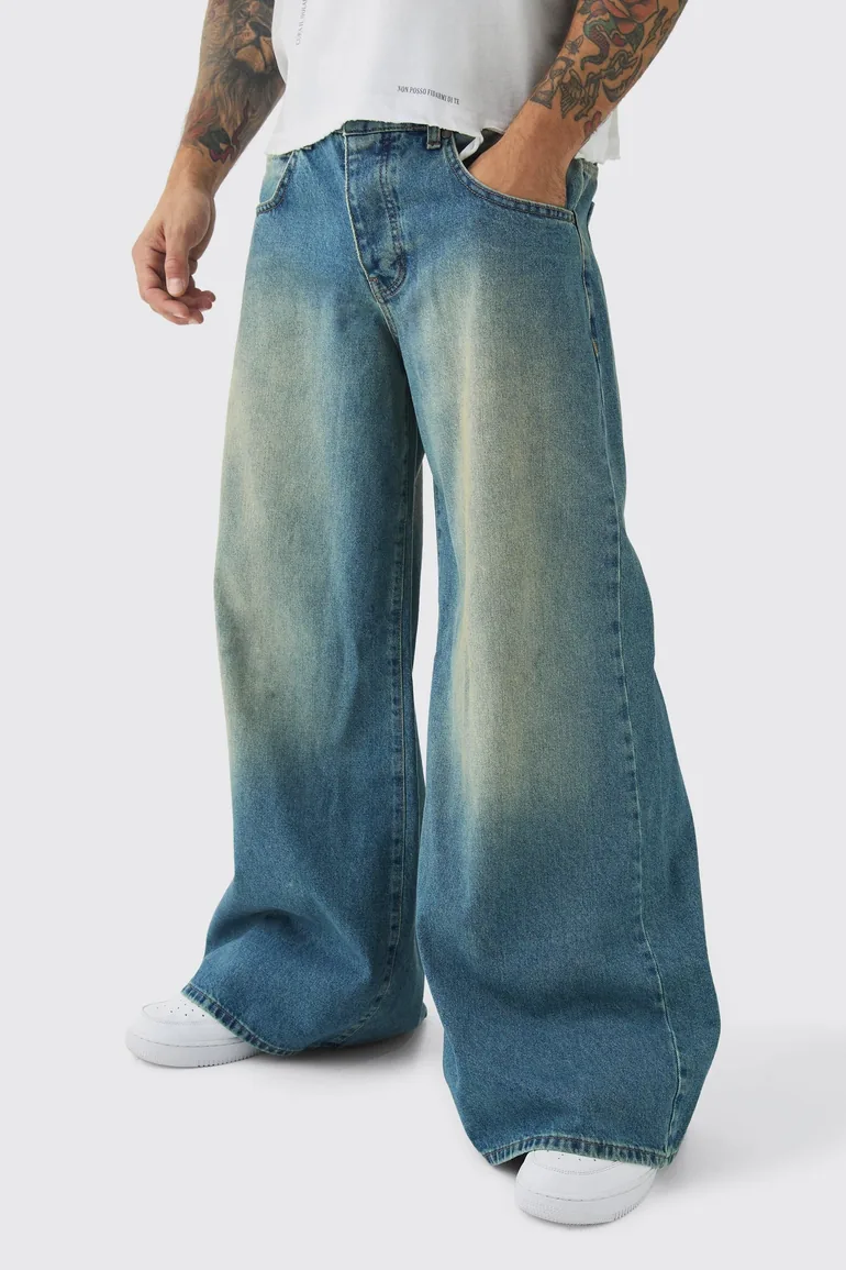 Extreme Baggy Rigid Tinted Wash Jeans - antique blue