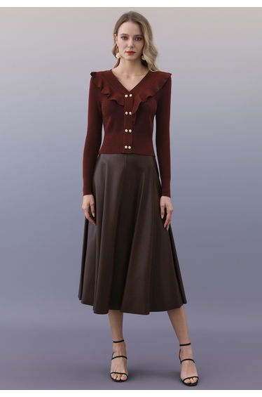 Shimmer Thread Floral Button Ruffle Knit Top in Burgundy