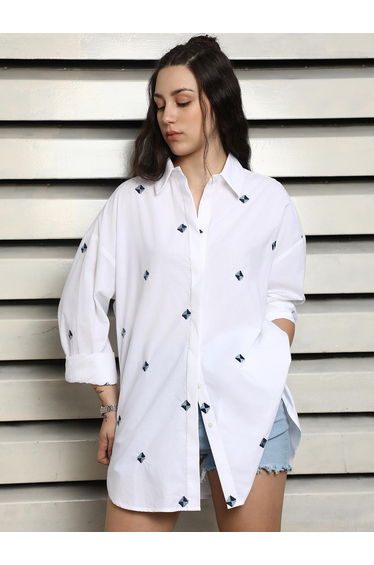 Women White Embroidered Cotton Oversized Shirt