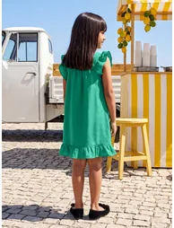 Globus Girls Green Square Neck Ribbon Bow Details Flutter Sleeves Tiered A-Line Mini Dress - 2
