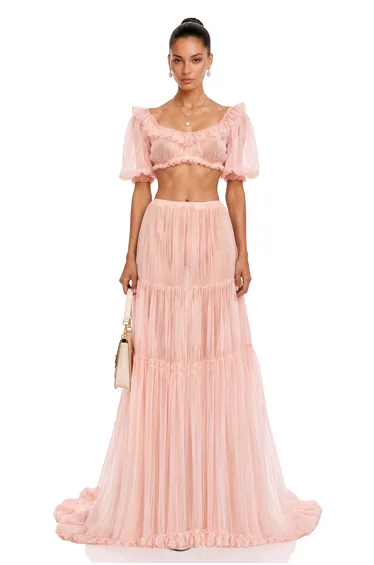 Miranda Pink Puff Sleeves Crop Top & Ruffled Skirt Set