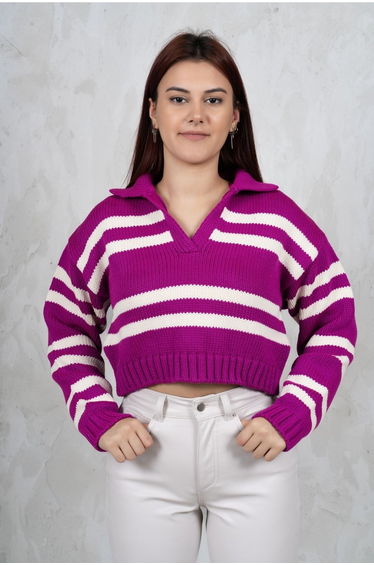 Raspberry Polo Neck Striped Sweater