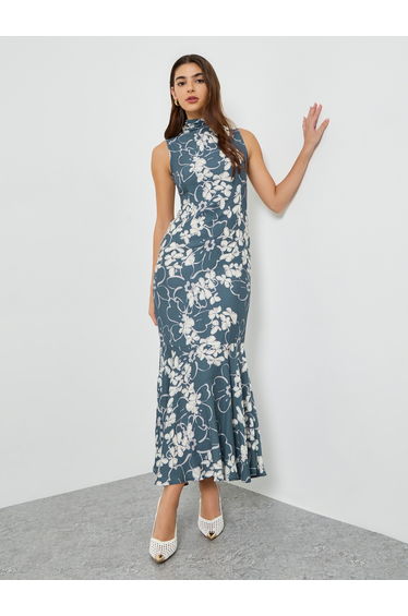 Women Blue Floral Sleeveless Mermaid Hem Maxi Dress