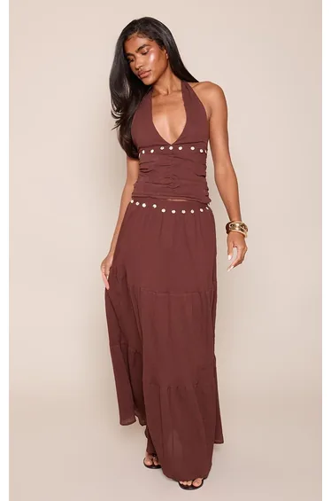 Dark Brown Sequin Detail Cotton Maxi Skirt Co-ord
