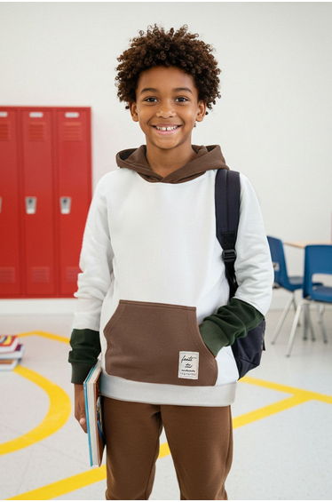 Beige*001 Boy 100% Cotton Plain Hooded Oversize Long Sleeve Knitted Sweatshirt