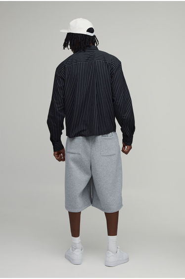 Tall Oversized Boxy Curve Hem B Embroidery Stripe Shirt - black