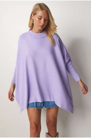 Women's Lilac Side Slits Oversized Poncho Sweater
