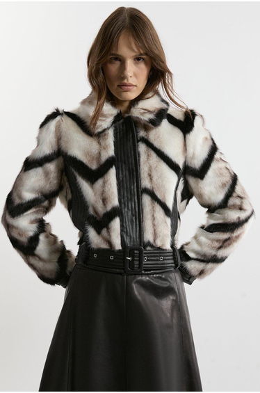 Faux Fur Pu Panelled Stripe Belted Cropped Jacket