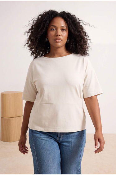 Ecru Fitted/Body-Fitting Boat Neck Low Sleeve Short Sleeve Interlock Knitted Blouse