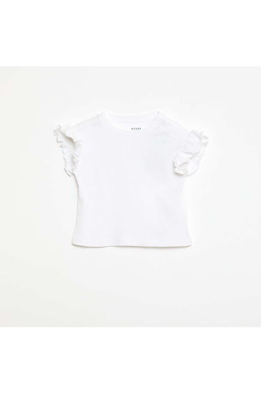 Ribbed T-shirt with Short Flutter Sleeves WHITE