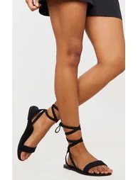 Black Wide Fit Faux Suede Strappy Basic Sandal - 1