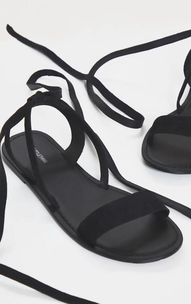 Black Wide Fit Faux Suede Strappy Basic Sandal - 3