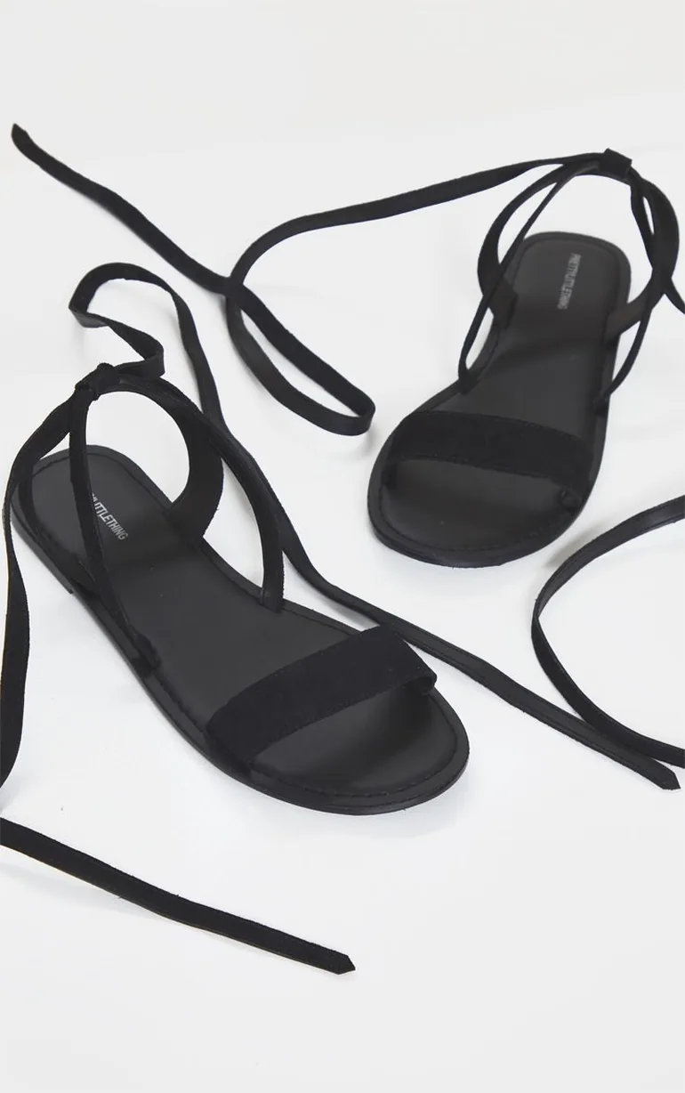 Black Wide Fit Faux Suede Strappy Basic Sandal - 2