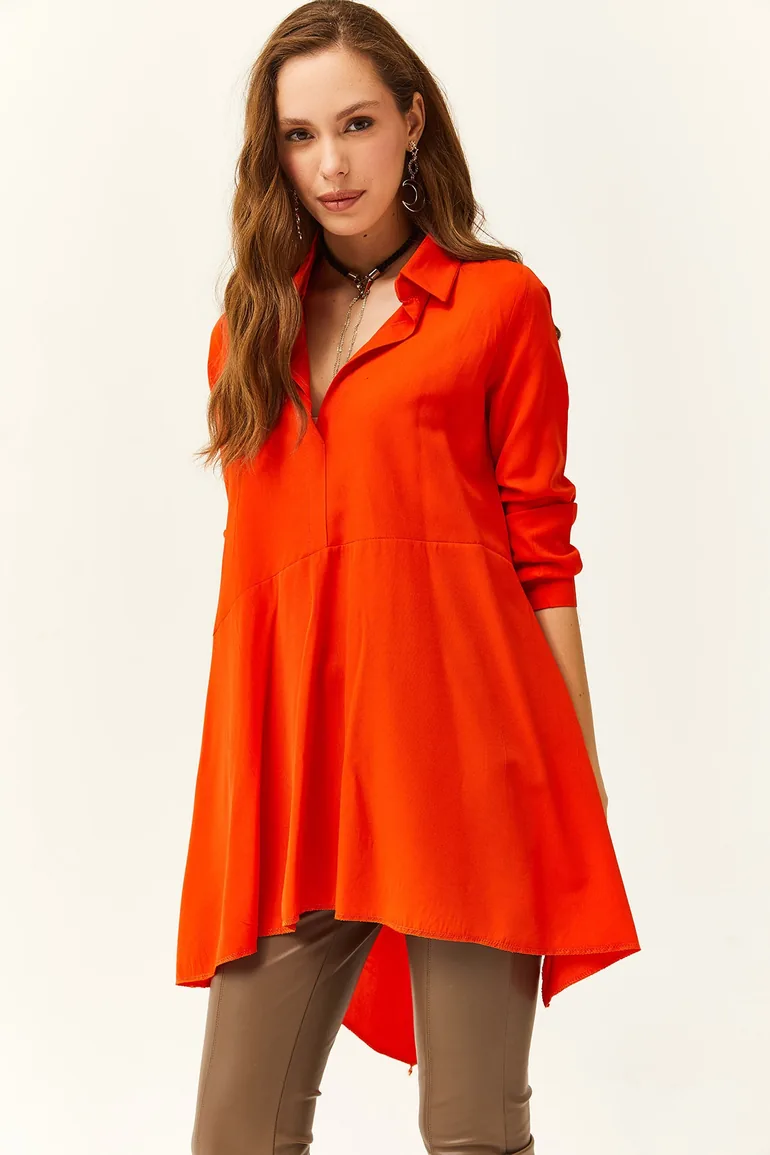 Women's Orange Shirt Collar Asymmetric Tunic