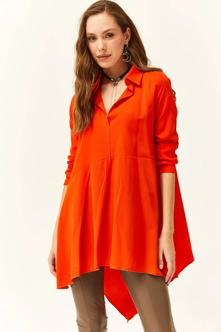 Women's Orange Shirt Collar Asymmetric Tunic - 2