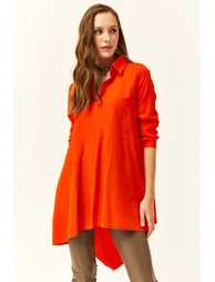 Women's Orange Shirt Collar Asymmetric Tunic - 1