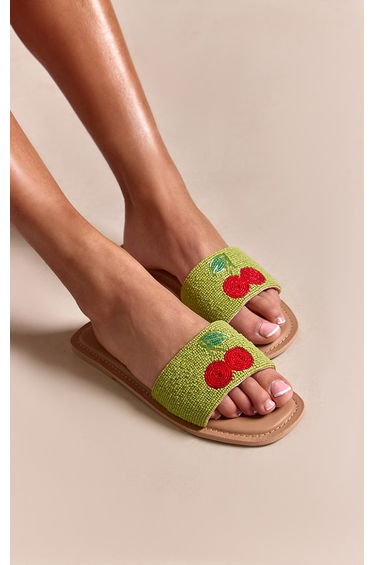Green Cherry Embellished Mule Flat Sandals