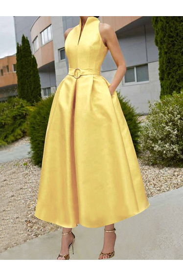 A-Line Loose Belted Pleated Pockets Solid Color V-Neck Midi Dresses