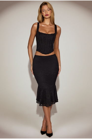 Lace Mid-Rise Midi Skirt in Black