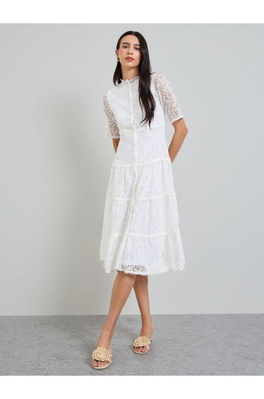 White Lace Overlay Tiered Midi Dress