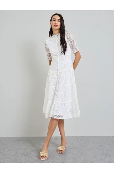 White Lace Overlay Tiered Midi Dress