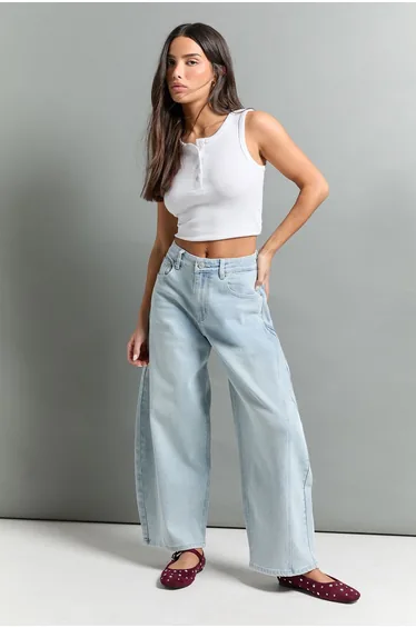 The Petite Mid Waist Barrel Jean - bleach wash