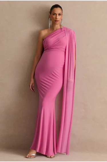 Pink Asymmetric-Neck Maternity Maxi Dress With Sash Detail