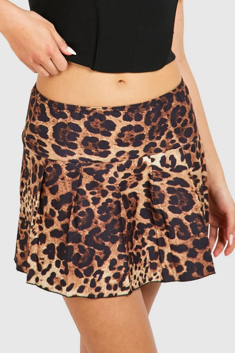 Low Rise Leopard Bengaline Pleated Mini Skirt - 3