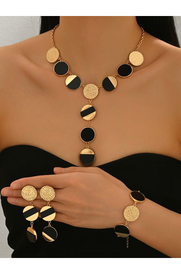Gold Tone Geometric Disc Necklace with Earrings Set