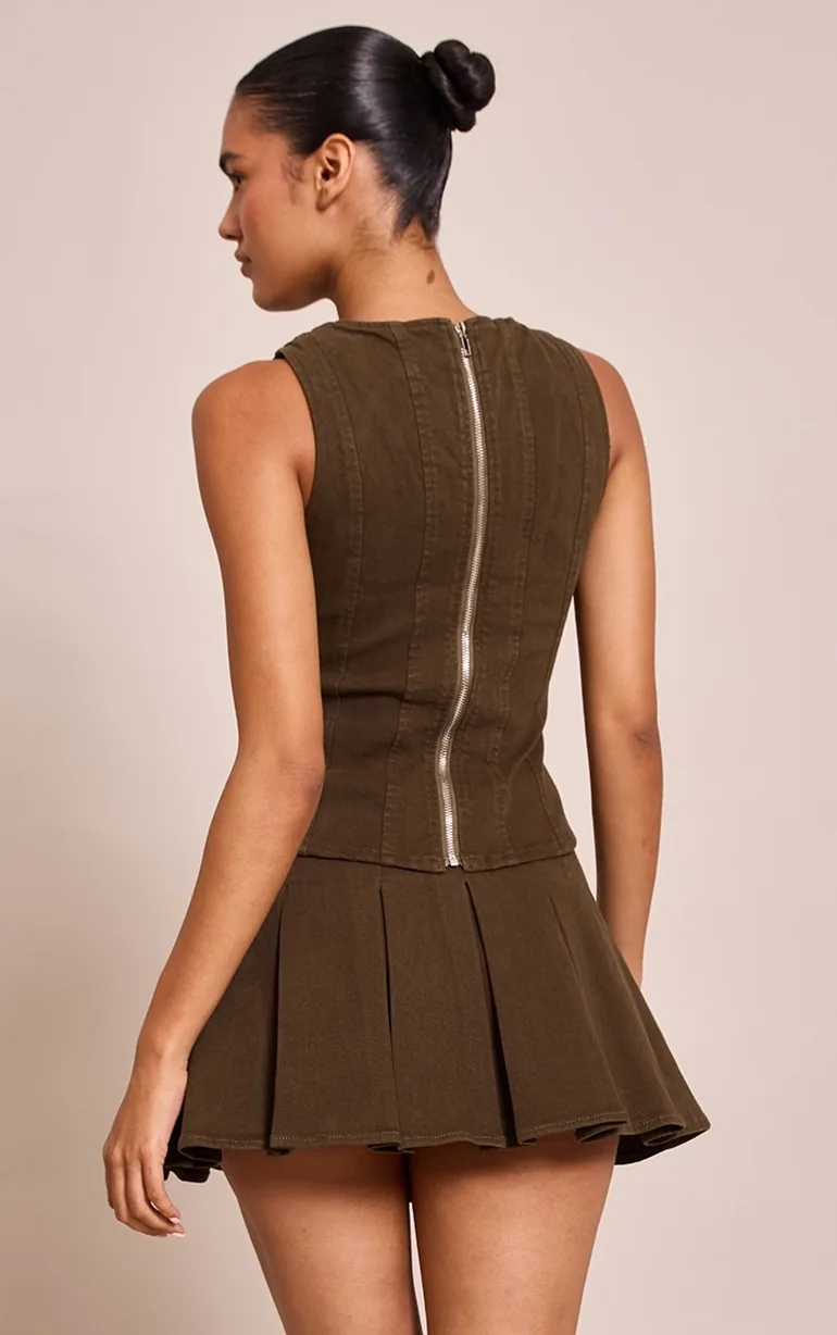 Dark Khaki Seam Detail Sleeveless Denim Top - 1