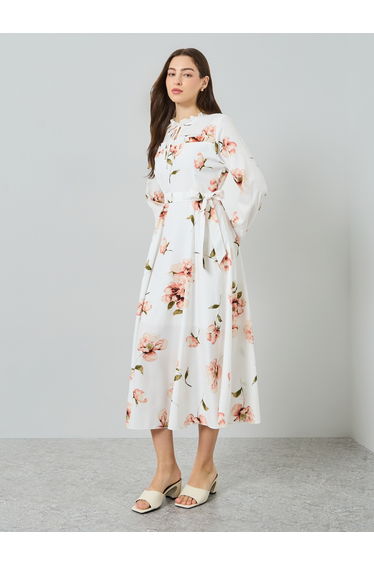 Women Floral Printed Belted Long Sleeve Maxi Dress
