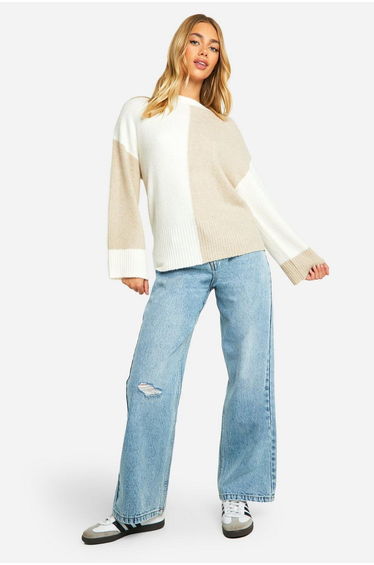 Soft Knit Colour Block Oversized Jumper - stone